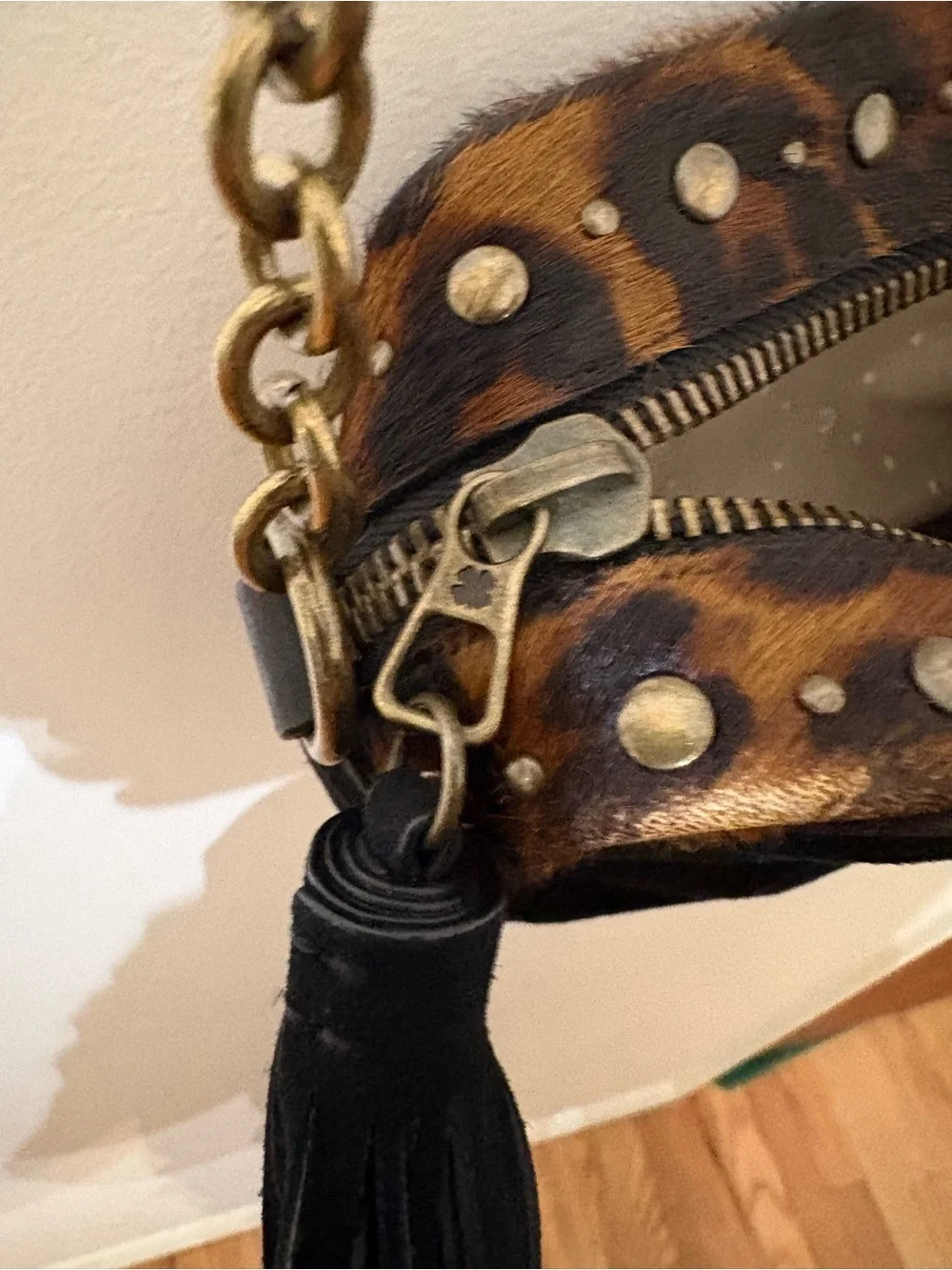 Lucky Brand Leopard Print Crossbody in Brown and Black with Tassel